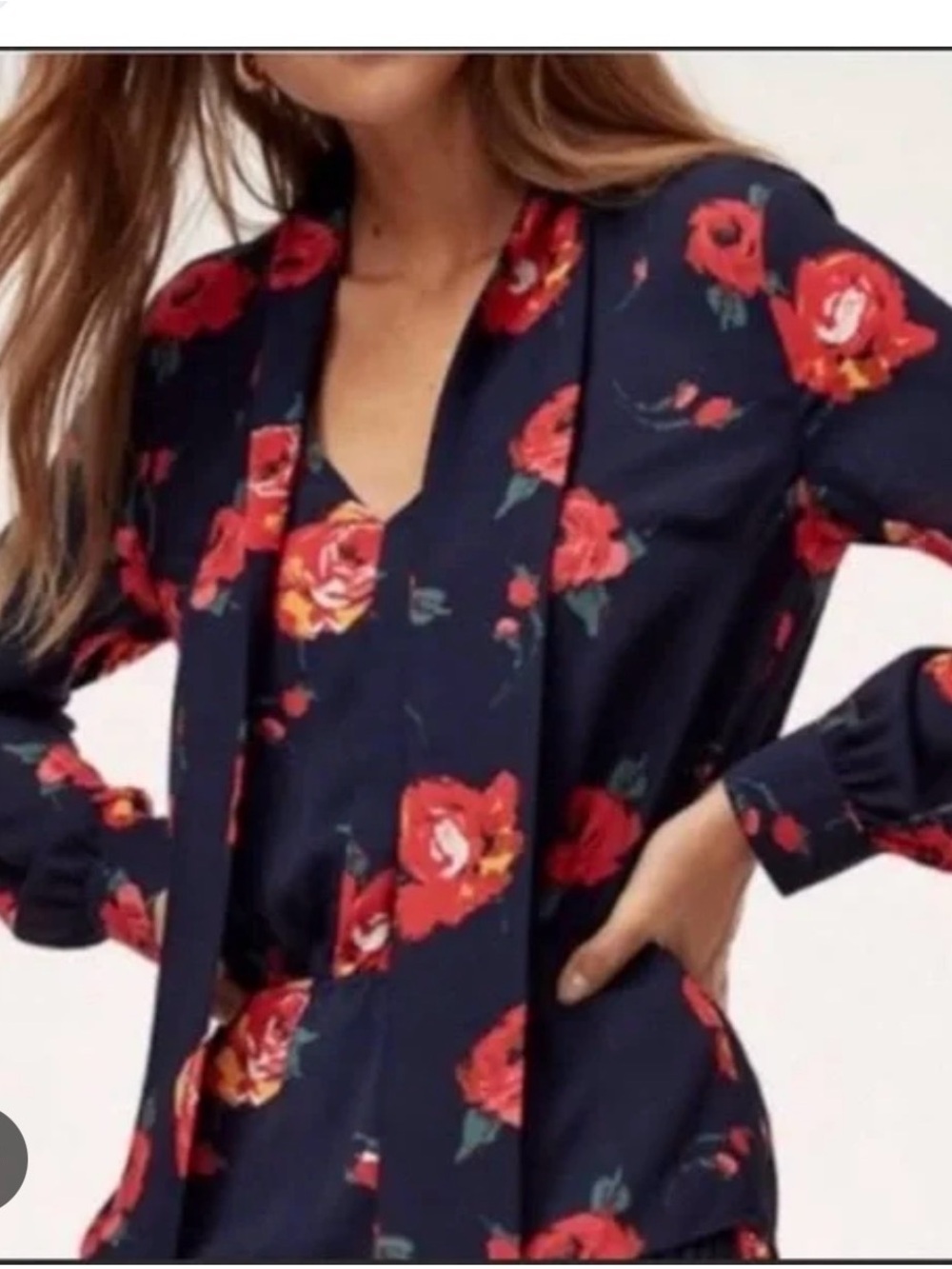 Babaton Navy Blouse with Red Floral Print